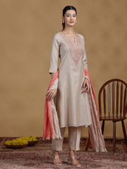 Beige Embroidered Kurti with Coral Ombre Dupatta and Pants