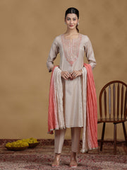 Beige Embroidered Kurti with Coral Ombre Dupatta and Pants