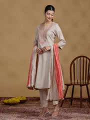 Beige Embroidered Kurti with Coral Ombre Dupatta and Pants