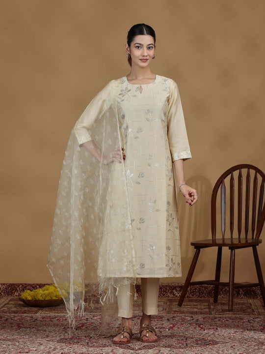 Cream Foil Print Straight Kurta Set with Dupatta
