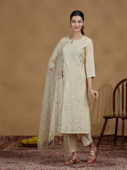 Cream Foil Print Straight Kurta Set with Dupatta