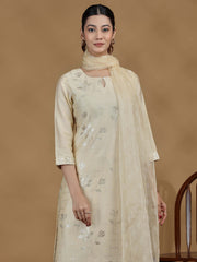 Cream Foil Print Straight Kurta Set with Dupatta