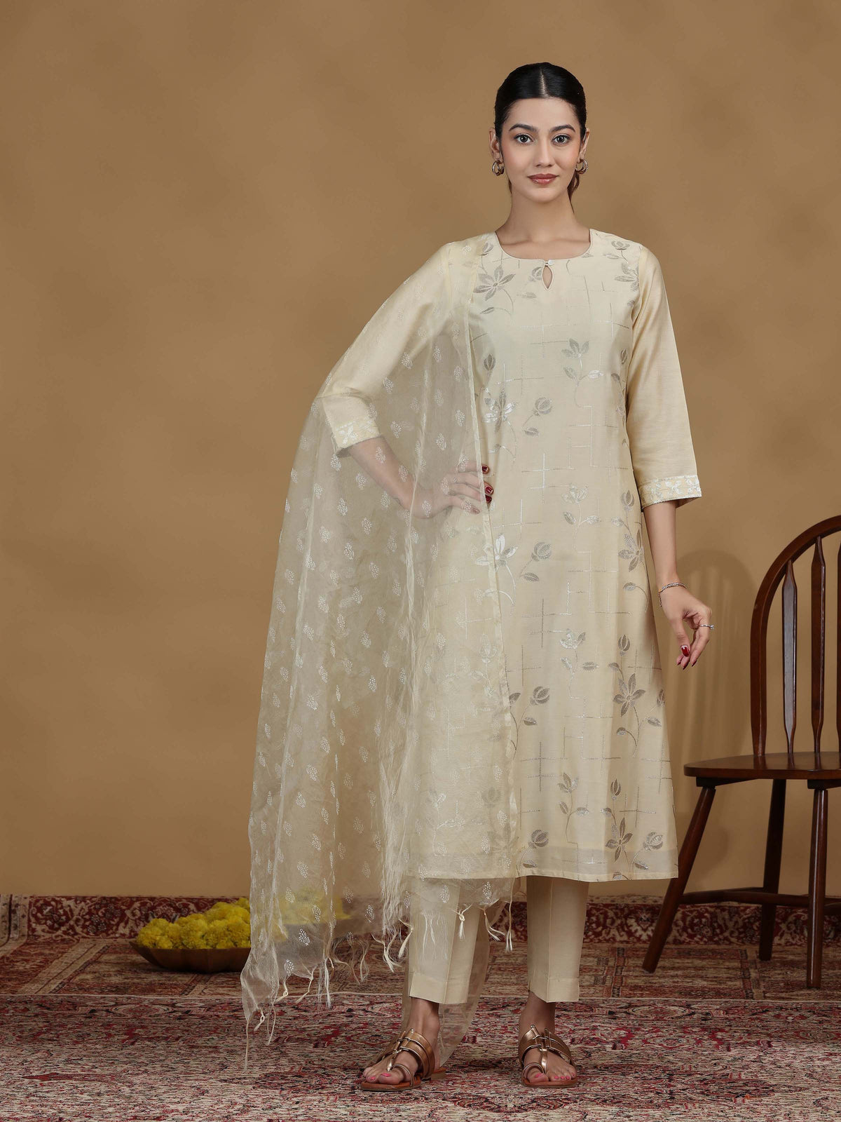 Cream Foil Print Straight Kurta Set with Dupatta
