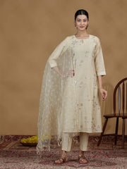 Cream Foil Print Straight Kurta Set with Dupatta