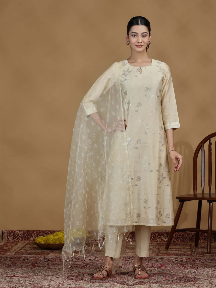 Cream Foil Print Straight Kurta Set with Dupatta