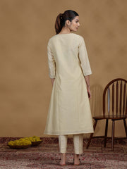 Cream Foil Print Straight Kurta Set with Dupatta