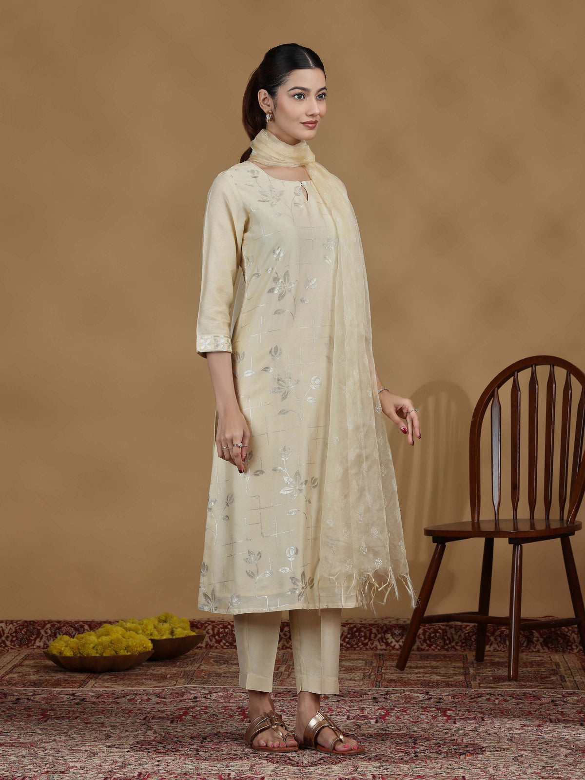 Cream Foil Print Straight Kurta Set with Dupatta