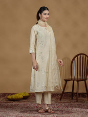 Cream Foil Print Straight Kurta Set with Dupatta