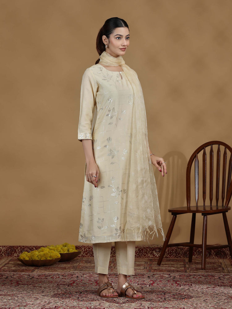 Cream Foil Print Straight Kurta Set with Dupatta
