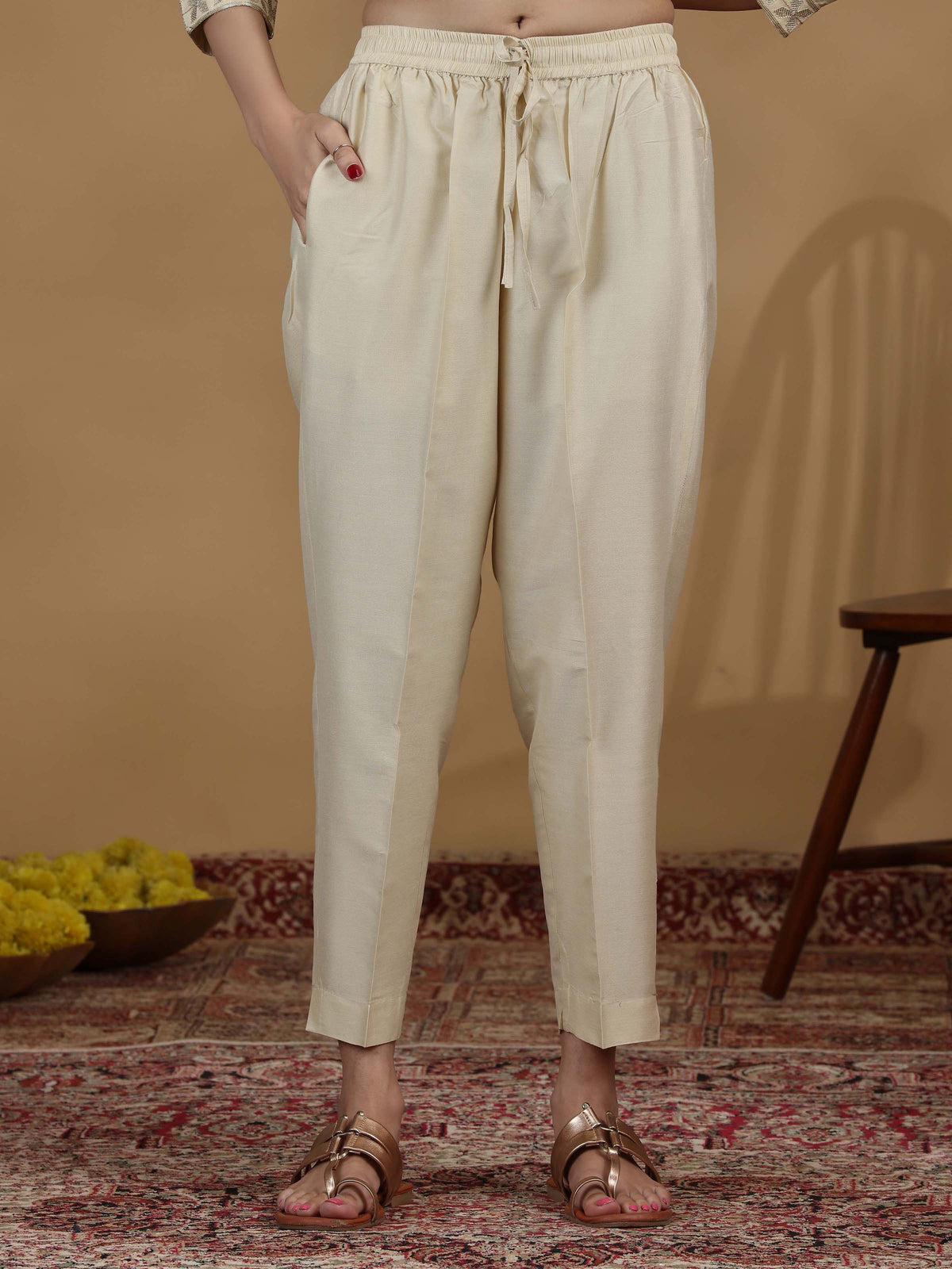 Cream Foil Print Straight Kurta Set with Dupatta