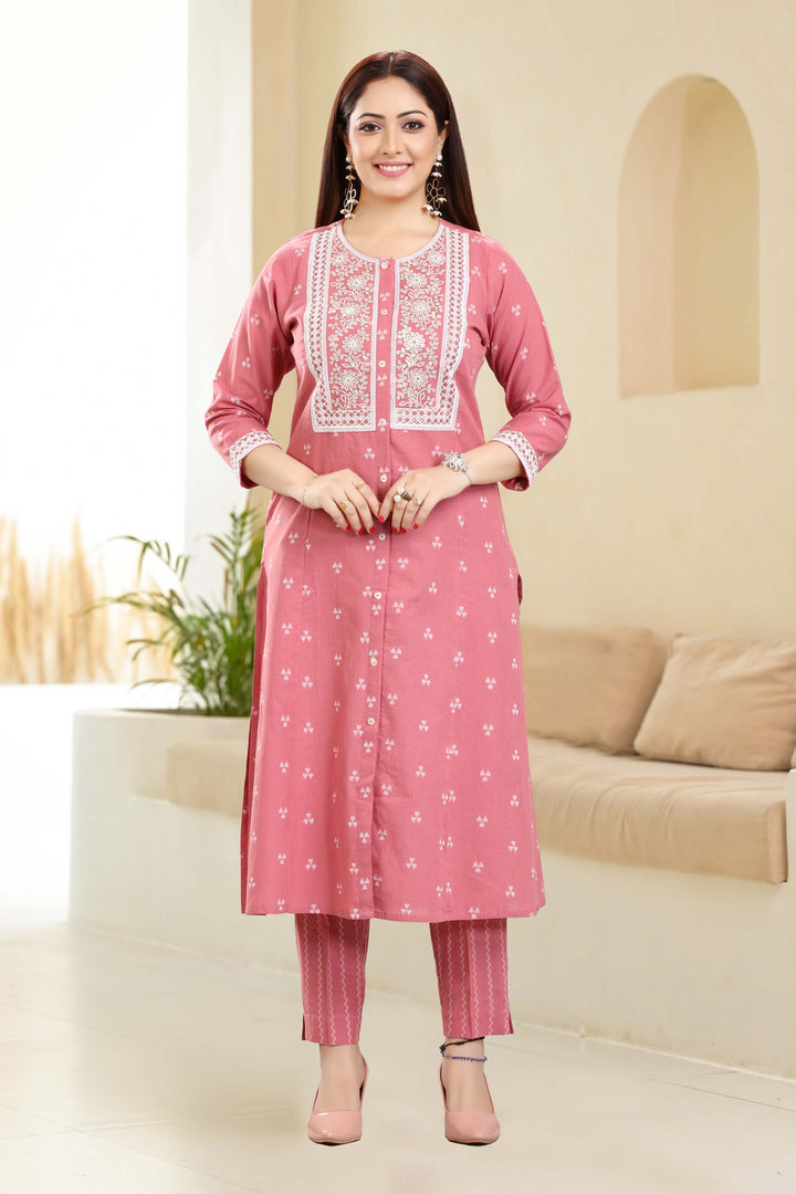 Peach Cotton Straight Embroidered Kurta Pant Co-ord Set for women