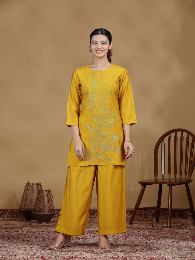 Mustard Yellow Embroidered Kurta Palazzo Set