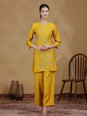 Mustard Yellow Embroidered Kurta Palazzo Set