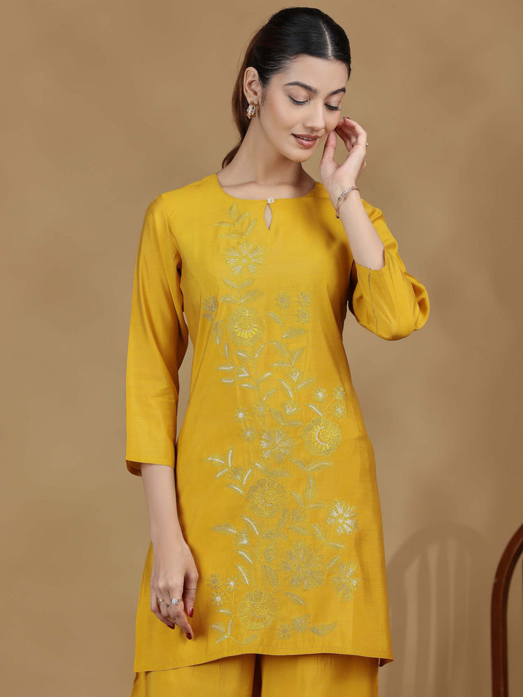 Mustard Yellow Embroidered Kurta Palazzo Set