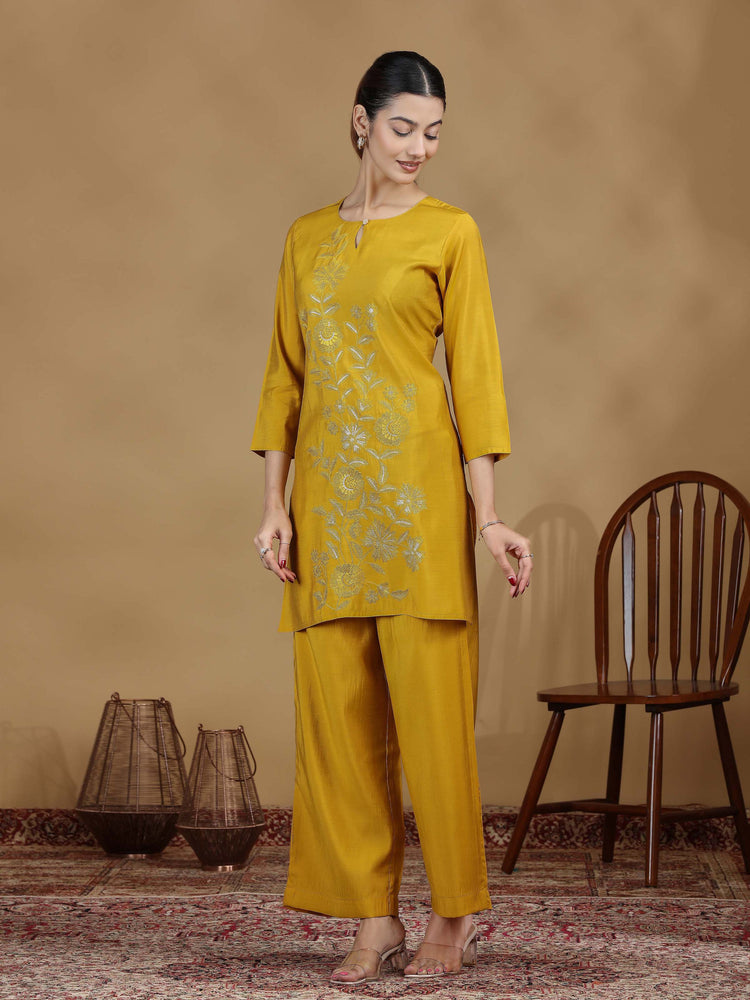 Mustard Yellow Embroidered Kurta Palazzo Set