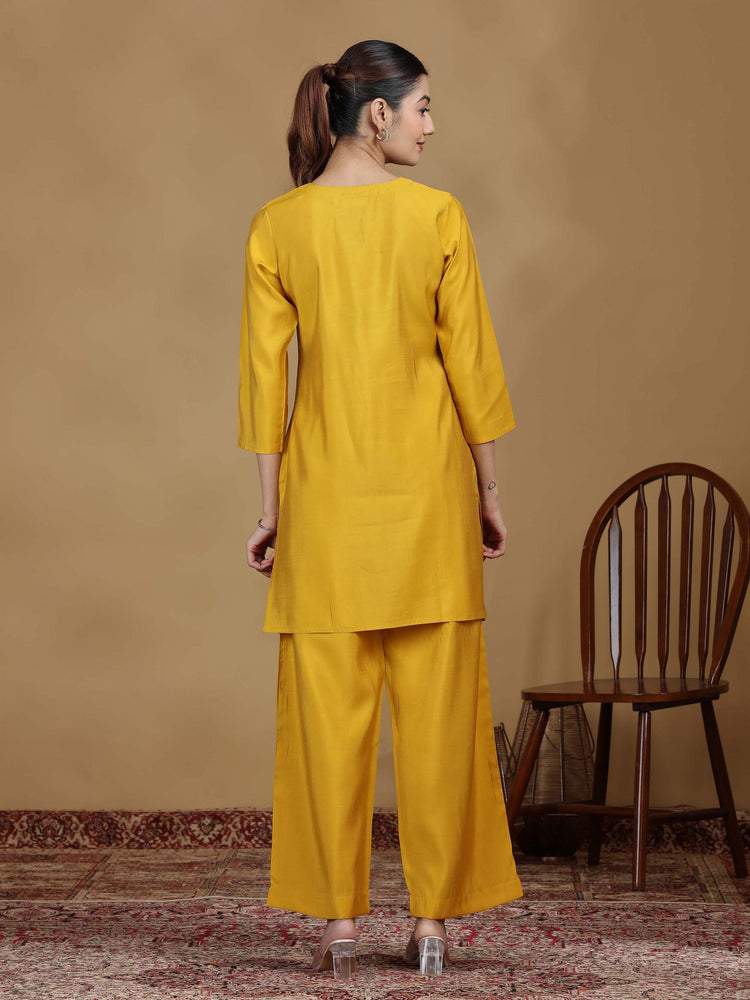 Mustard Yellow Embroidered Kurta Palazzo Set