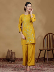 Mustard Yellow Embroidered Kurta Palazzo Set
