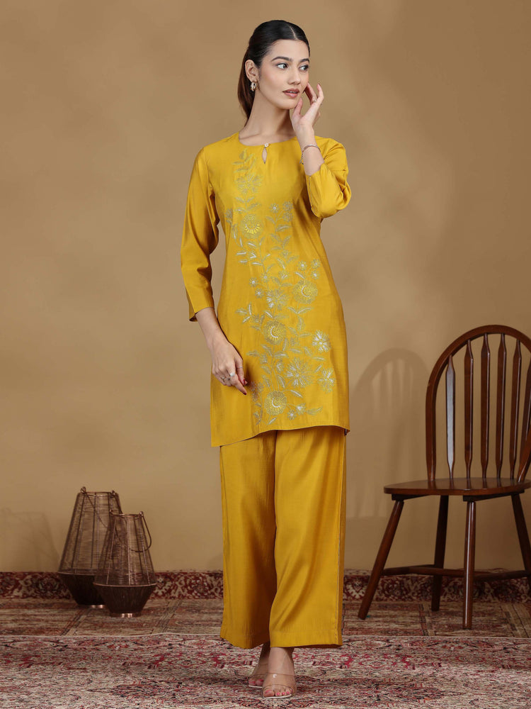 Mustard Yellow Embroidered Kurta Palazzo Set