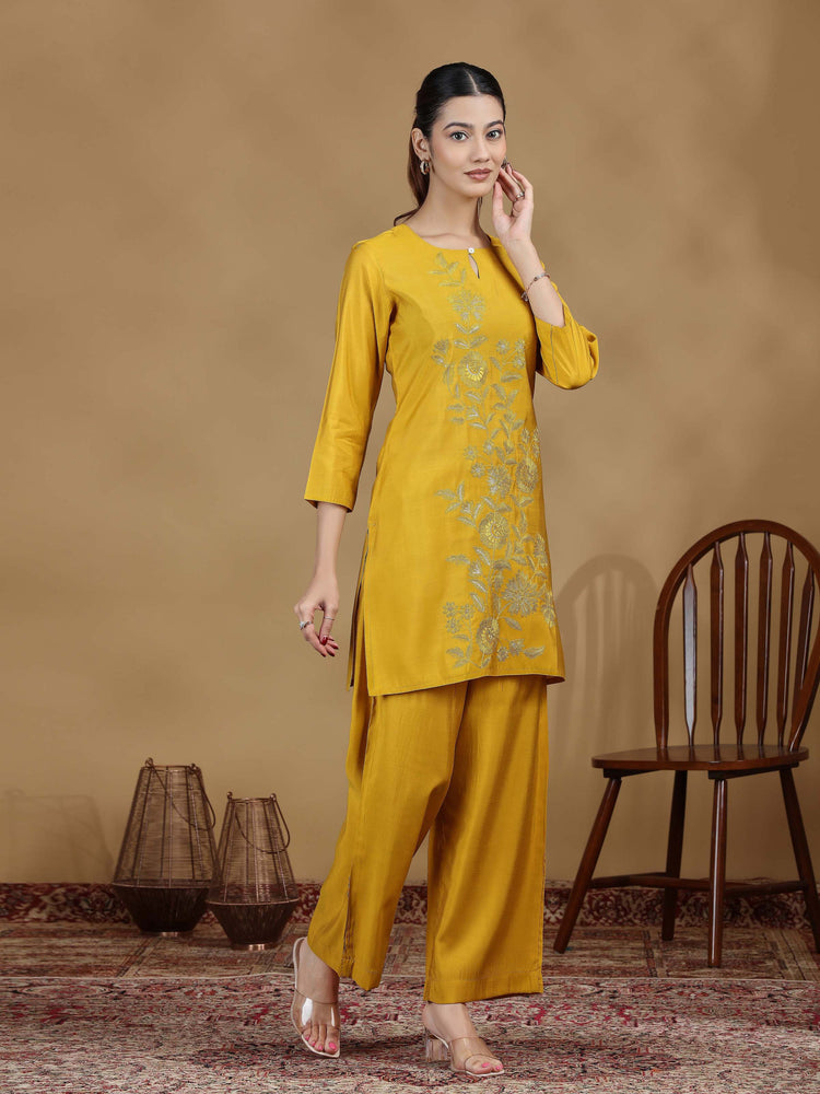 Mustard Yellow Embroidered Kurta Palazzo Set