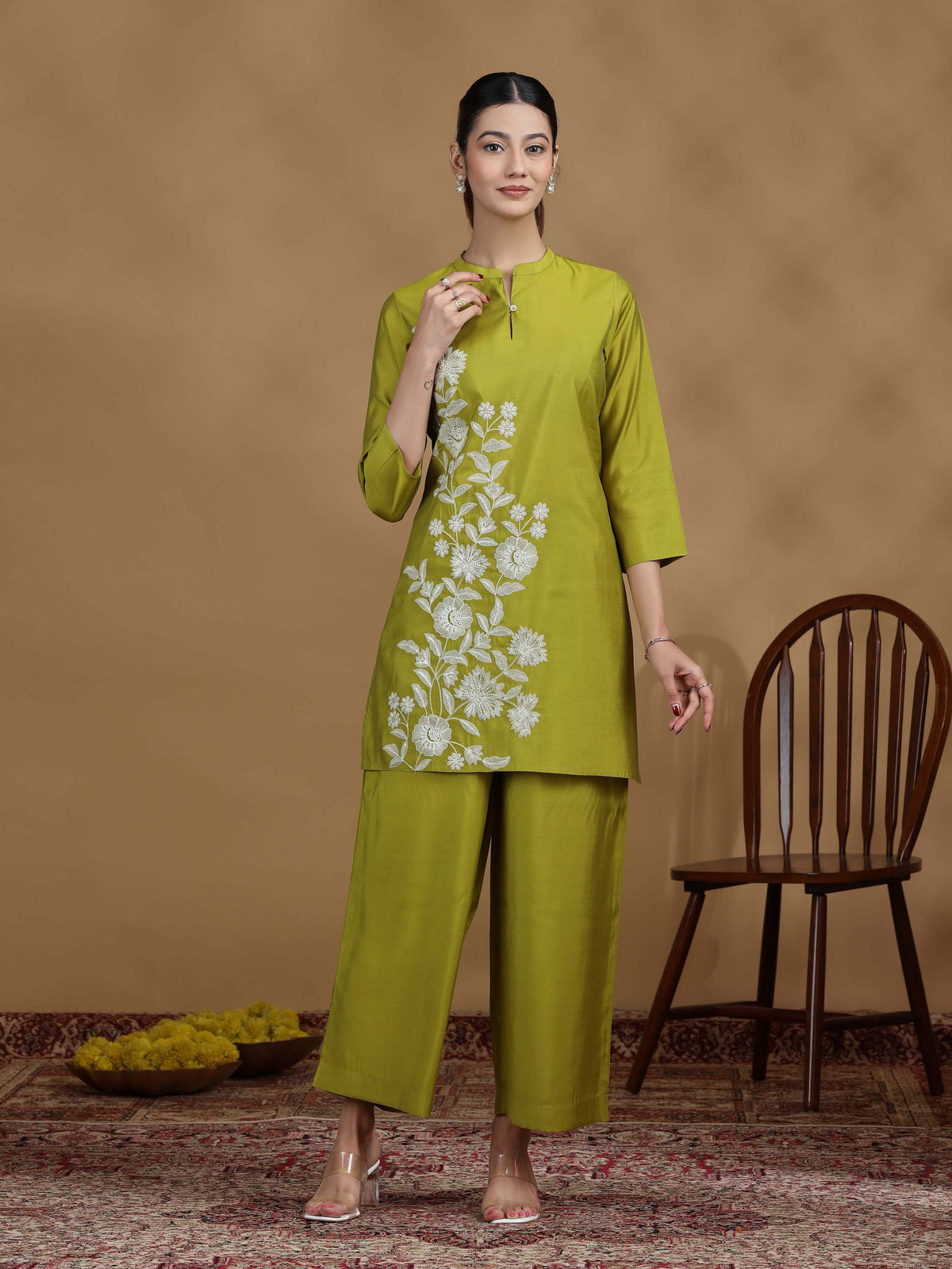 Olive Green Embroidered Kurta Palazzo Co-ord Set