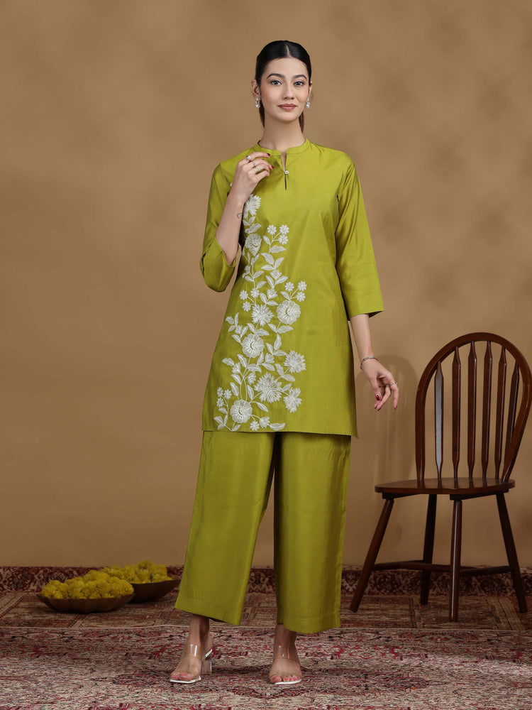 Olive Green Embroidered Kurta Palazzo Co-ord Set