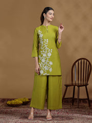 Olive Green Embroidered Kurta Palazzo Co-ord Set