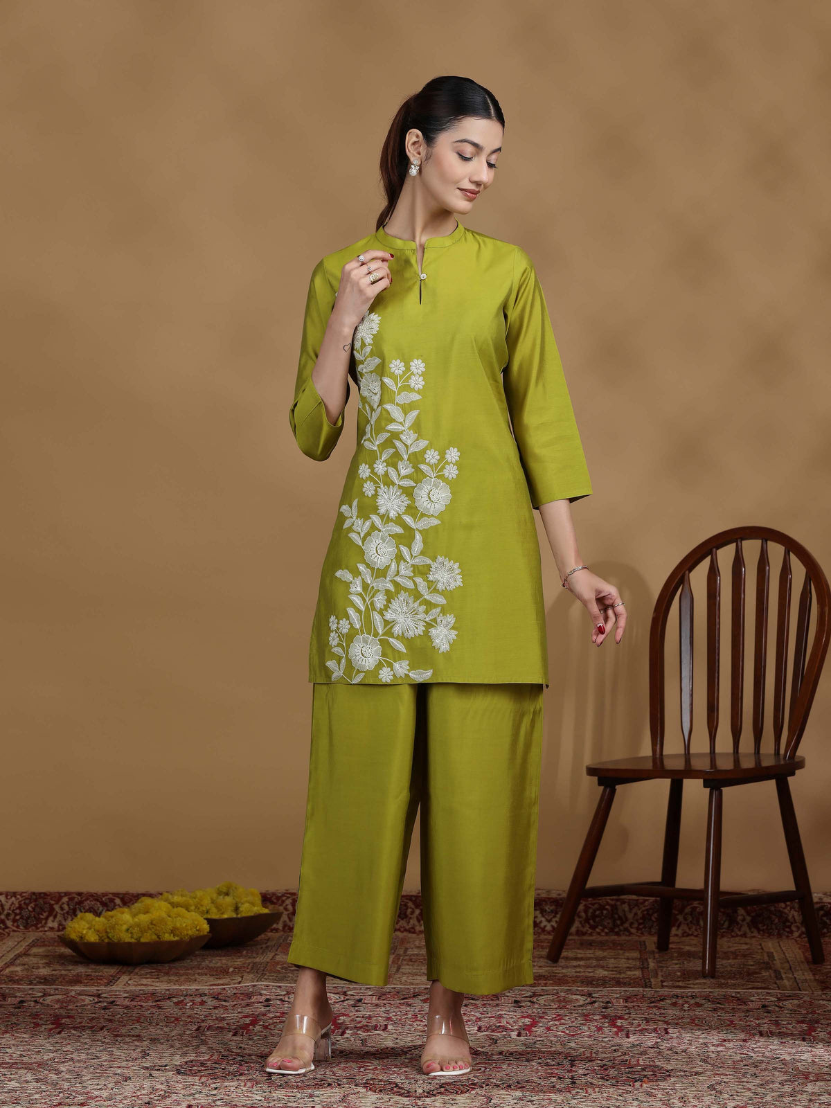 Olive Green Embroidered Kurta Palazzo Co-ord Set