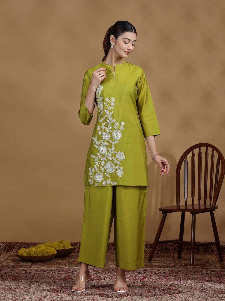 Olive Green Embroidered Kurta Palazzo Co-ord Set