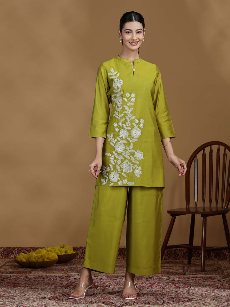 Olive Green Embroidered Kurta Palazzo Co-ord Set