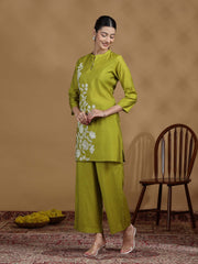 Olive Green Embroidered Kurta Palazzo Co-ord Set