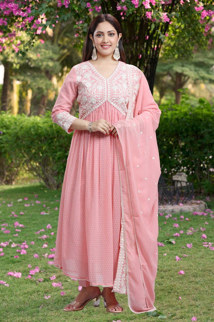 Peach Georgette Anarkali Embroidered Kurta Pant Suit Set