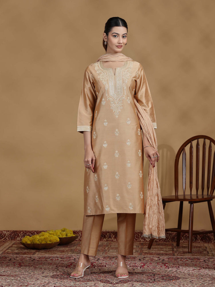 Beige Embroidered Kurti with Matching Pants and Dupatta