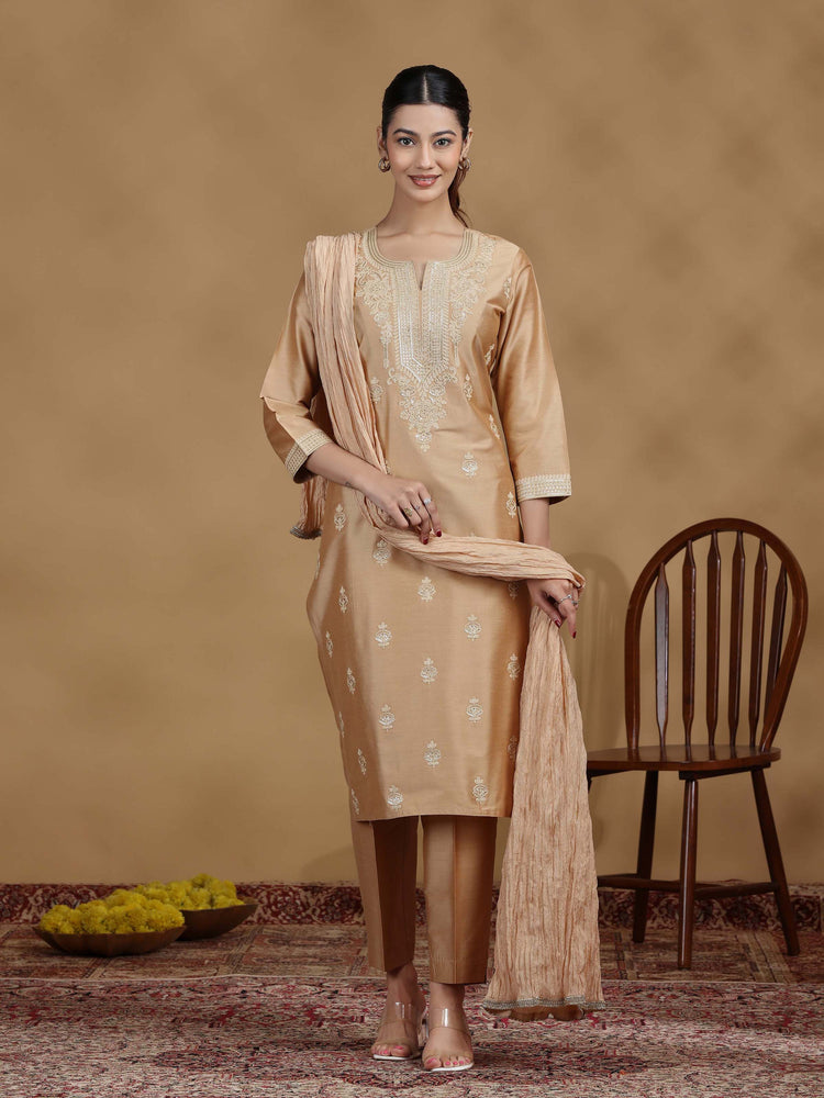 Beige Embroidered Kurti with Matching Pants and Dupatta
