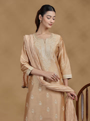 Beige Embroidered Kurti with Matching Pants and Dupatta