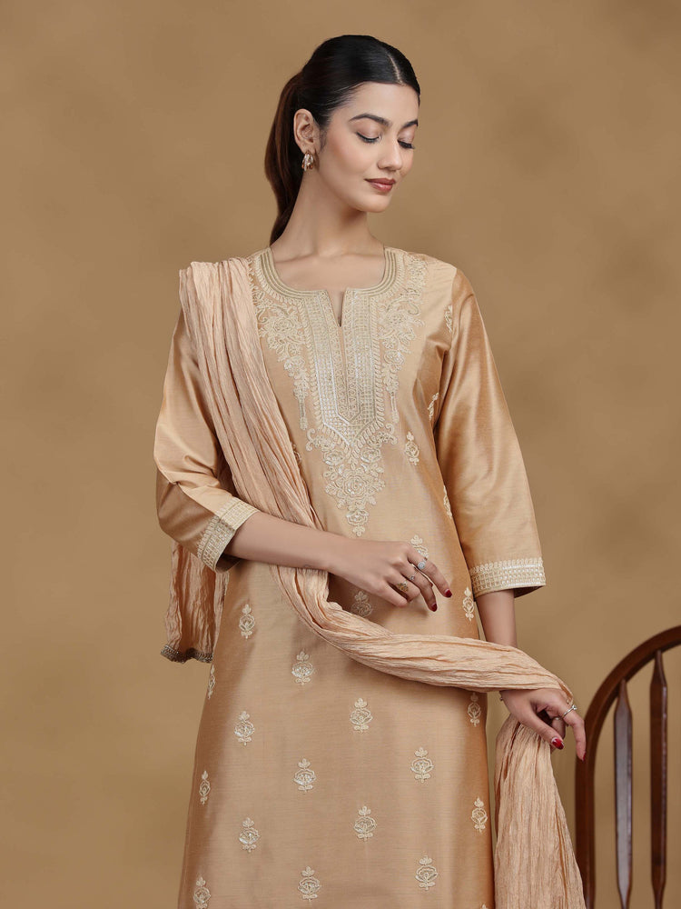 Beige Embroidered Kurti with Matching Pants and Dupatta