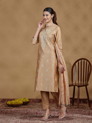 Beige Embroidered Kurti with Matching Pants and Dupatta