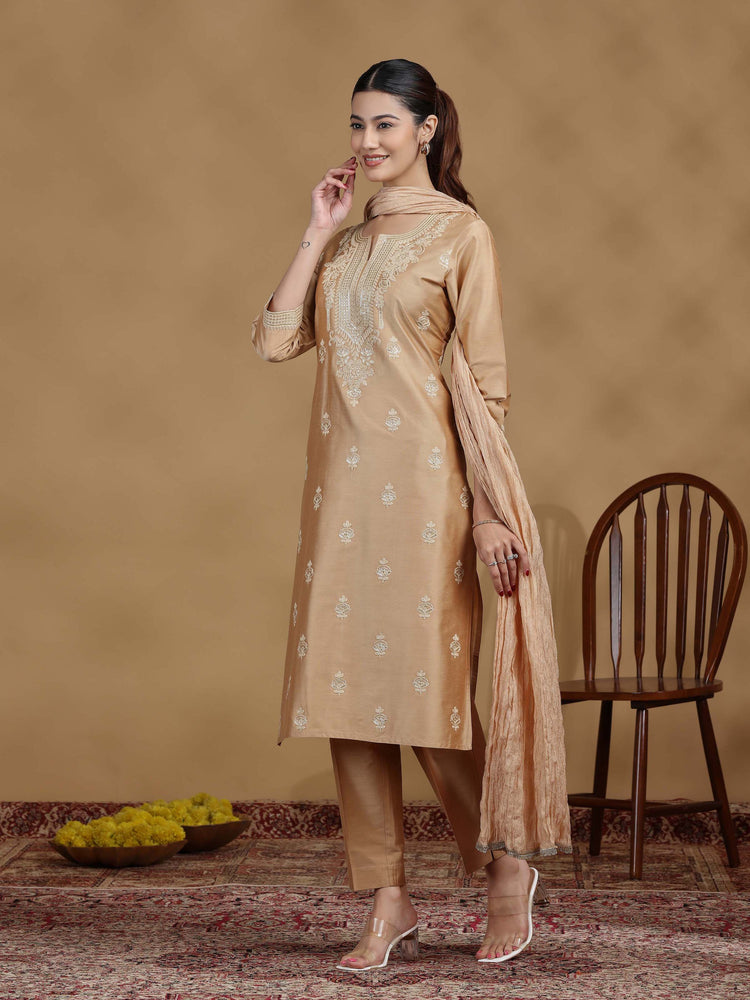 Beige Embroidered Kurti with Matching Pants and Dupatta