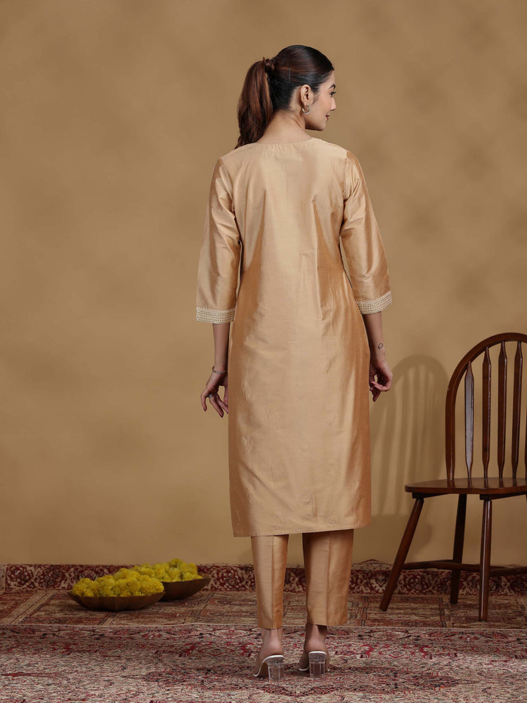 Beige Embroidered Kurti with Matching Pants and Dupatta