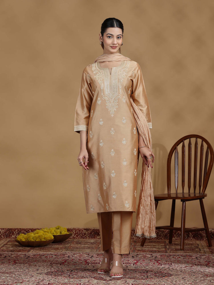 Beige Embroidered Kurti with Matching Pants and Dupatta