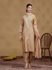 Beige Embroidered Kurti with Matching Pants and Dupatta