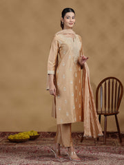 Beige Embroidered Kurti with Matching Pants and Dupatta