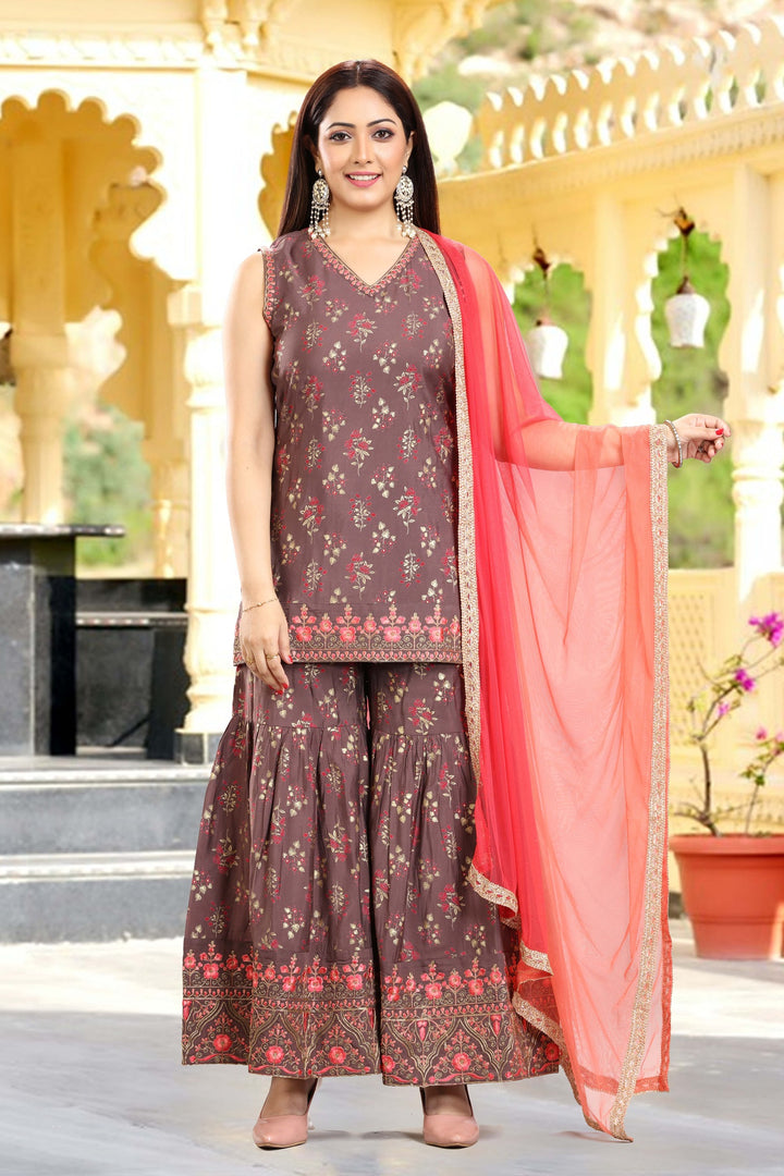 Brown Poly Silk Straight Embroidered Kurta Sharara Suit Set