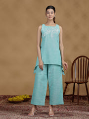Elegant Sky Blue Embroidered Cotton Sleeveless Co-Ord Set