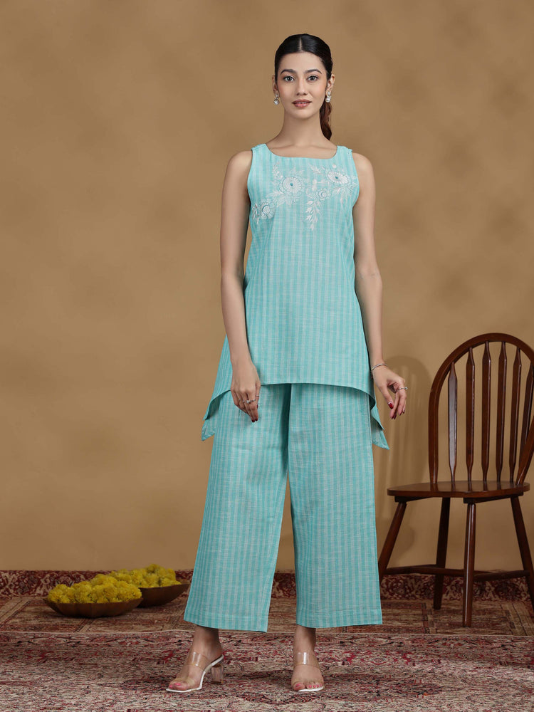 Elegant Sky Blue Embroidered Cotton Sleeveless Co-Ord Set