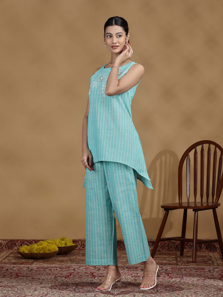 Elegant Sky Blue Embroidered Cotton Sleeveless Co-Ord Set