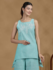 Elegant Sky Blue Embroidered Cotton Sleeveless Co-Ord Set