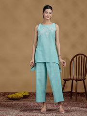 Elegant Sky Blue Embroidered Cotton Sleeveless Co-Ord Set