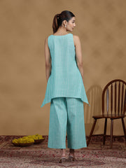 Elegant Sky Blue Embroidered Cotton Sleeveless Co-Ord Set