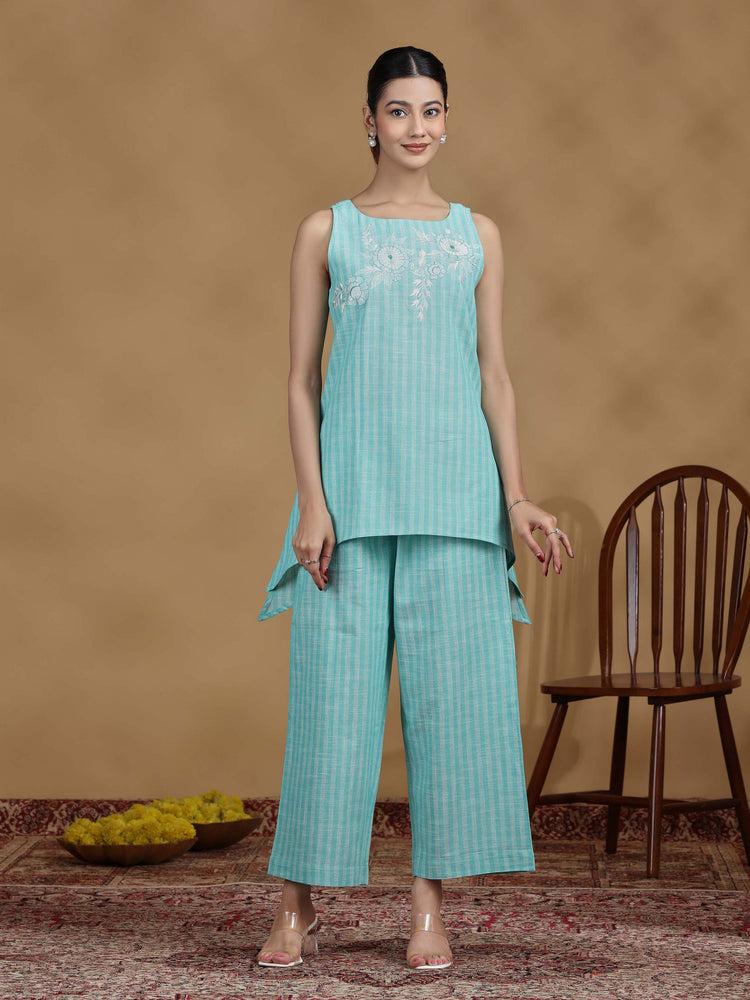 Elegant Sky Blue Embroidered Cotton Sleeveless Co-Ord Set