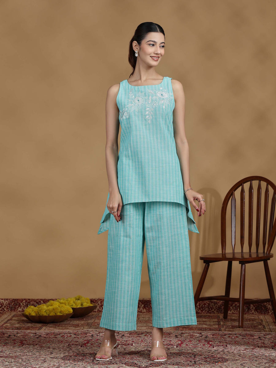 Elegant Sky Blue Embroidered Cotton Sleeveless Co-Ord Set